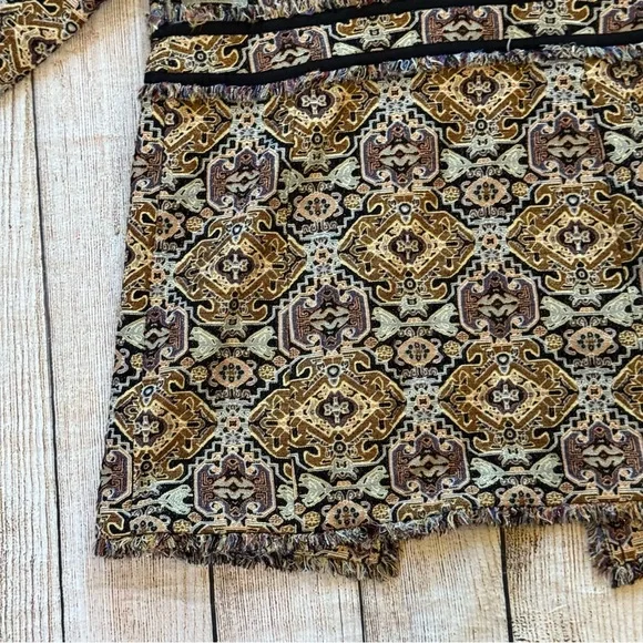 Chico’s Tapestry Jacquard Topper Coat Size 8/10 Fringe-Trim Baroque Brown Tan - Picture 15 of 15